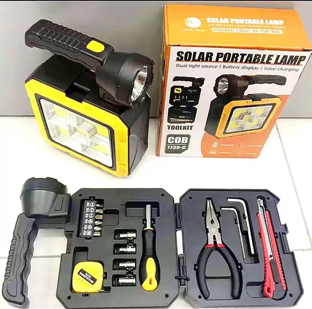 Kit 3 en 1 - Herramientas + Linterna LED + Cargador portátil con carga Solar