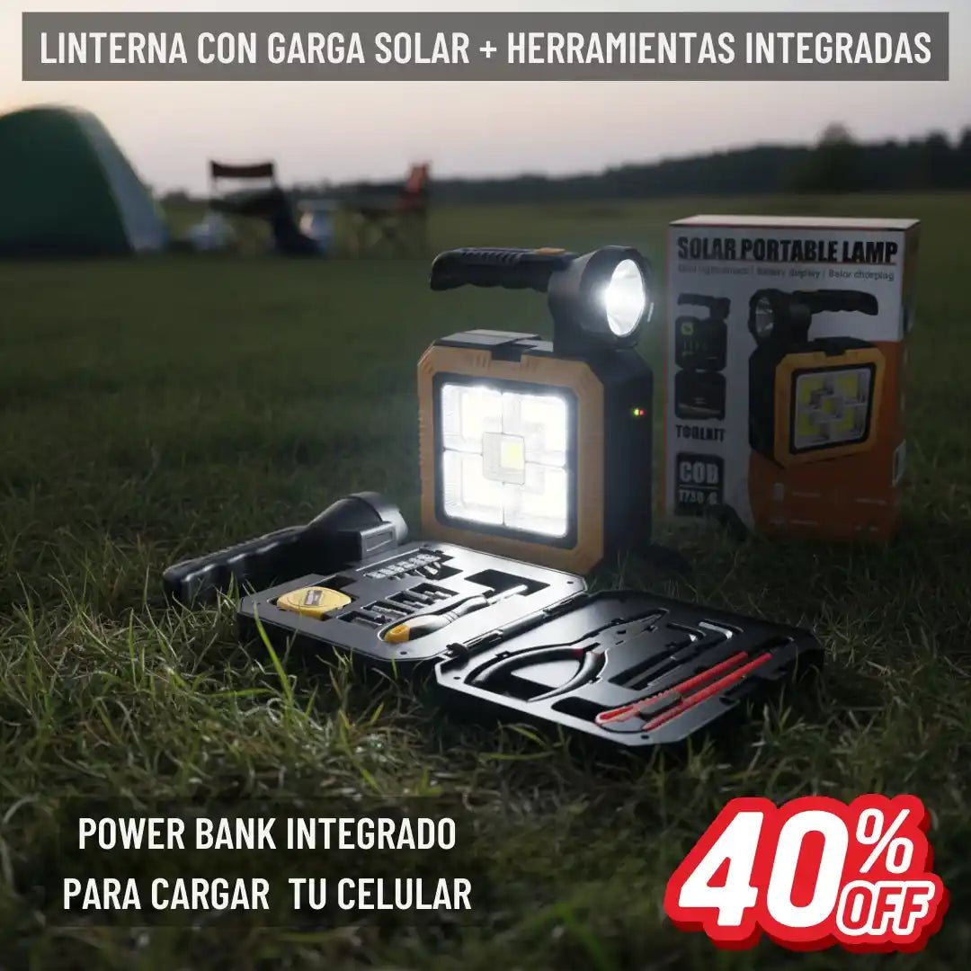 Kit 3 en 1 - Herramientas + Linterna LED + Cargador portátil con carga Solar