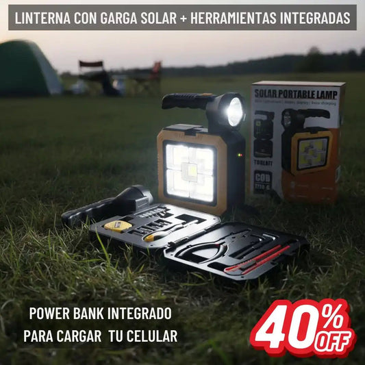 Kit 3 en 1 - Herramientas + Linterna LED + Cargador portátil con carga Solar